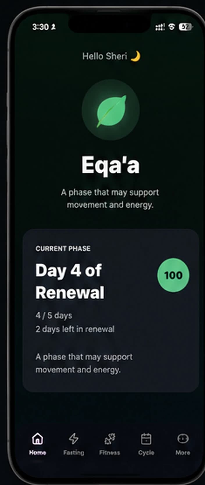 Eqa’a home dashboard showing the current cycle phase